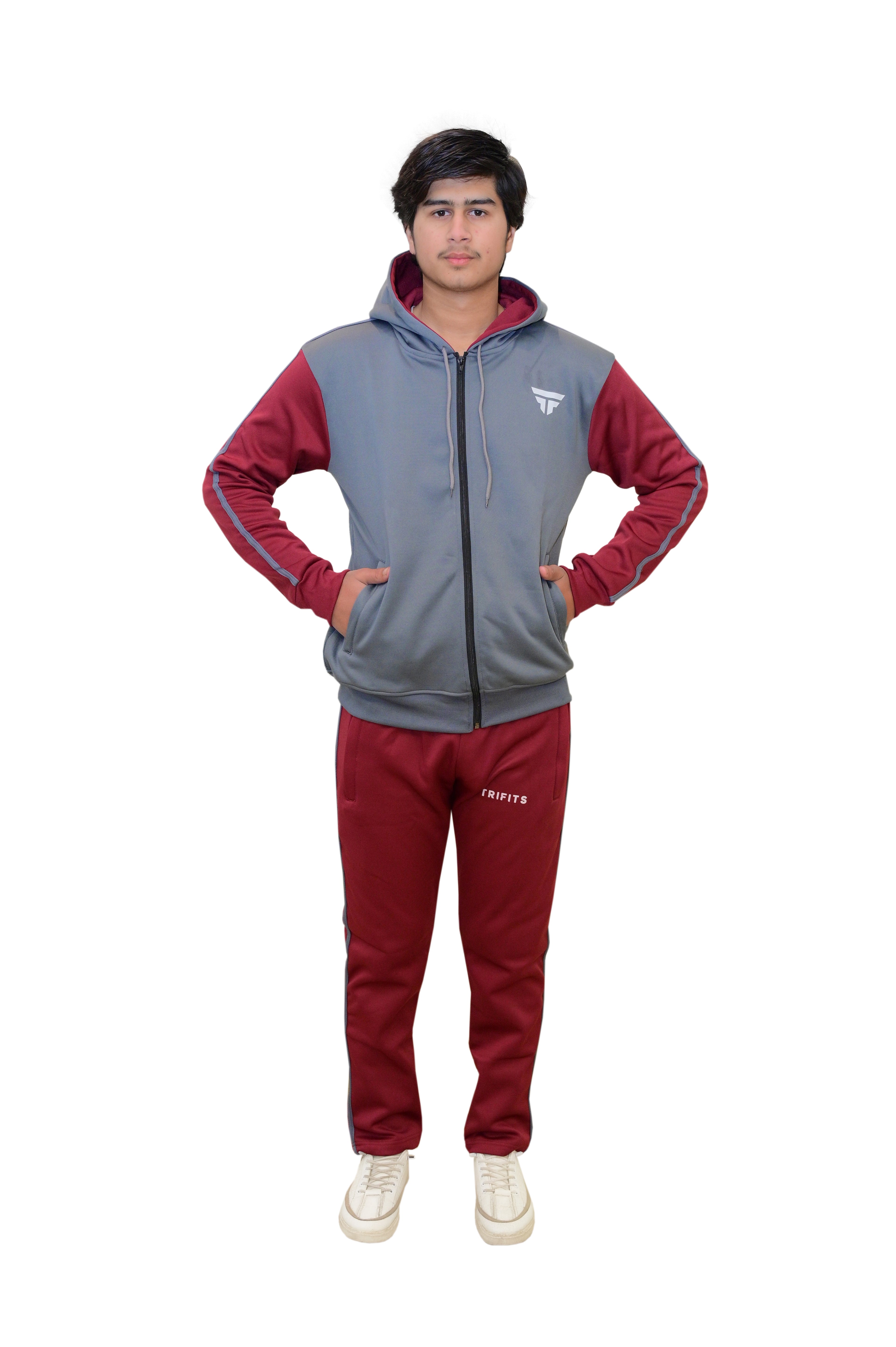 Maroon - dark grey track suit
