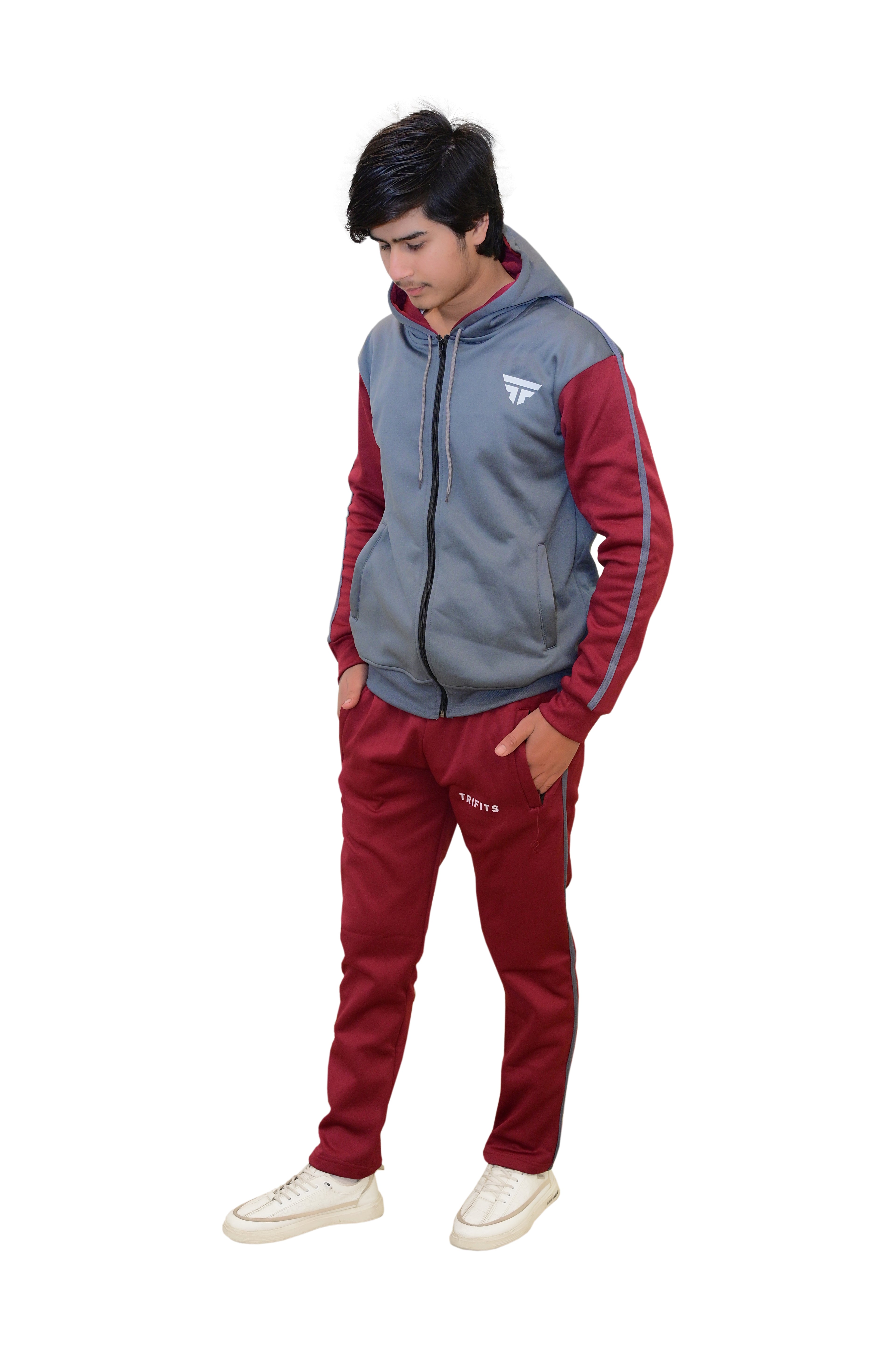 Maroon - dark grey track suit