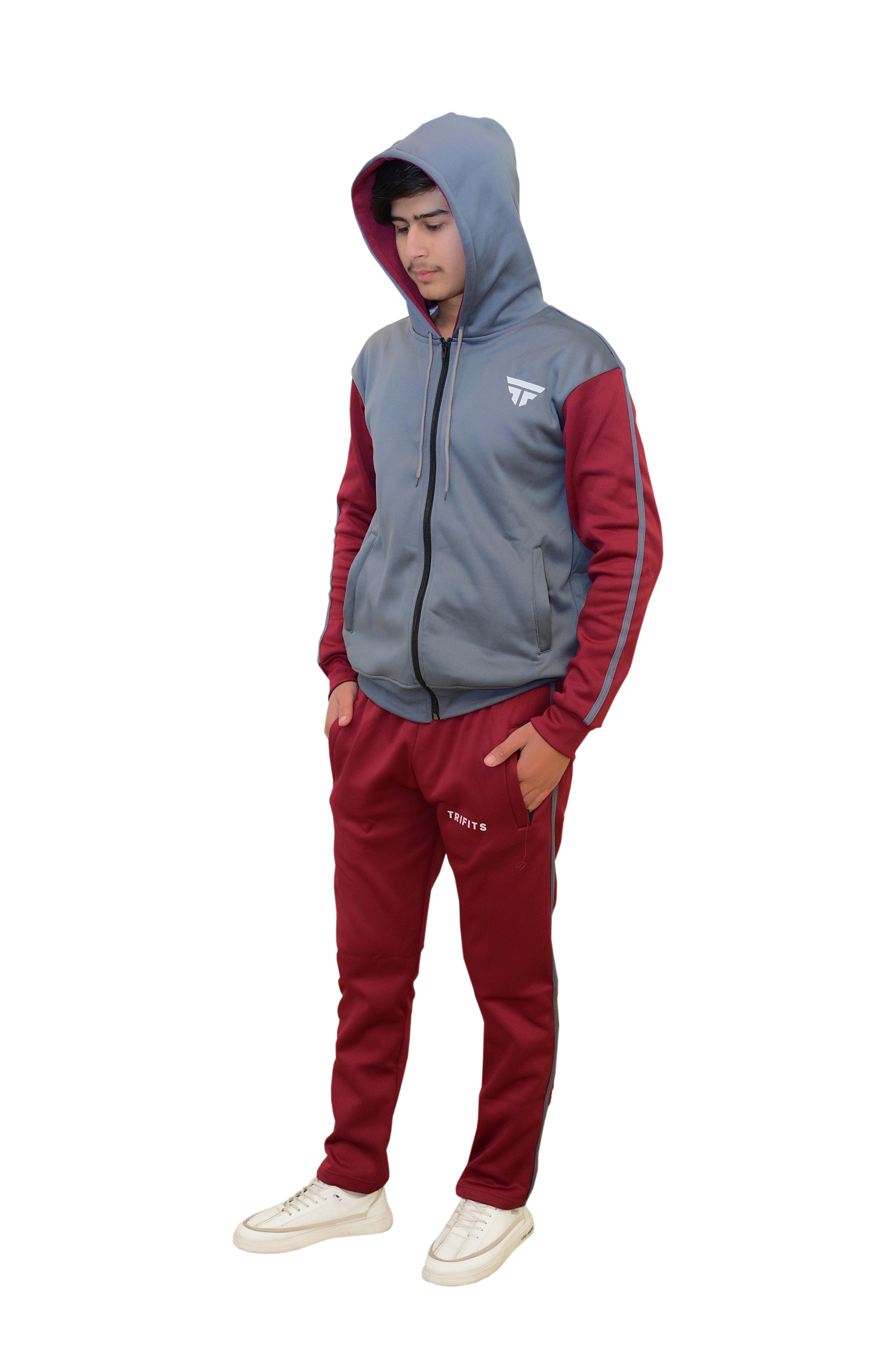 Maroon - dark grey track suit