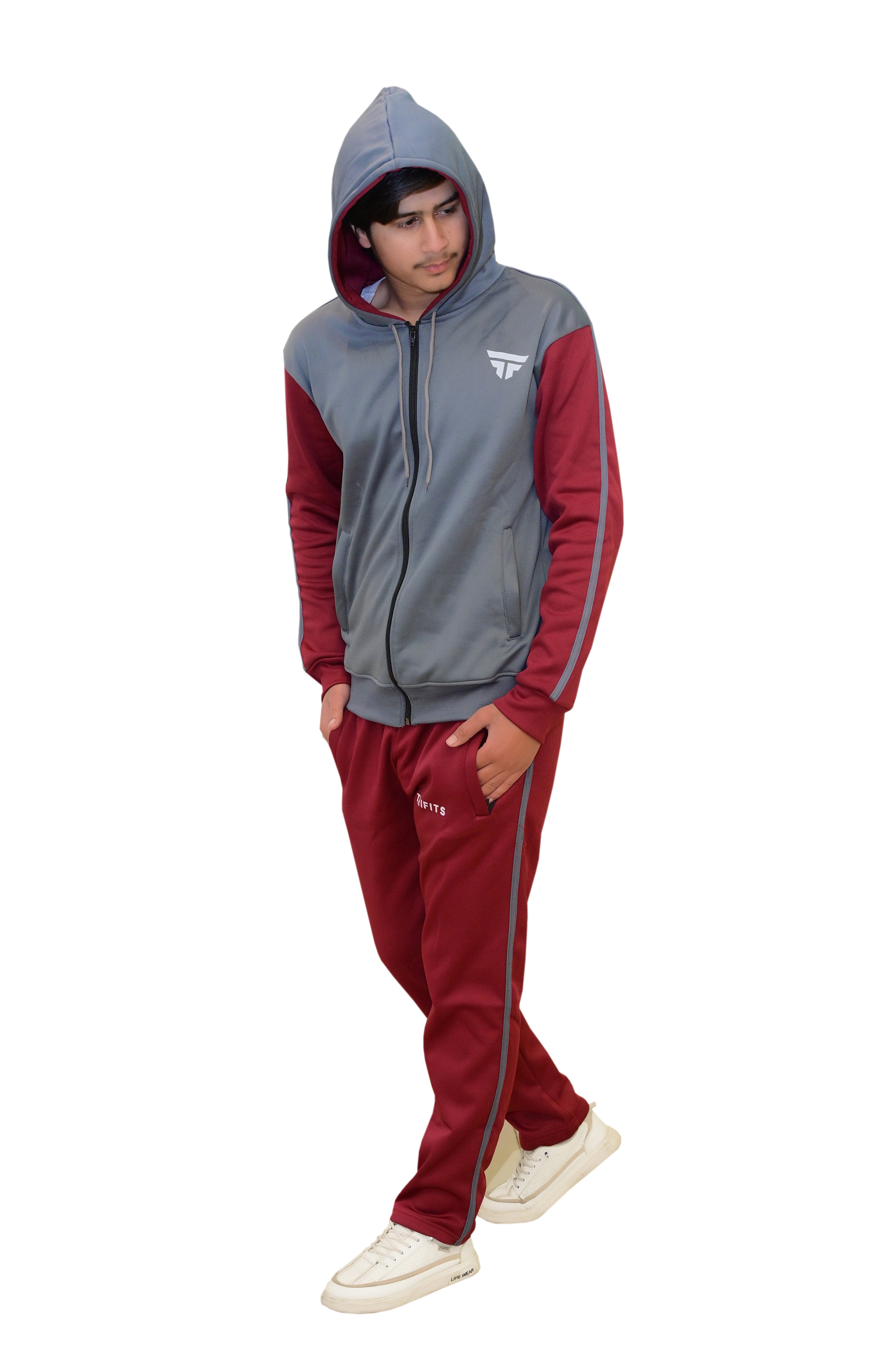Maroon - dark grey track suit